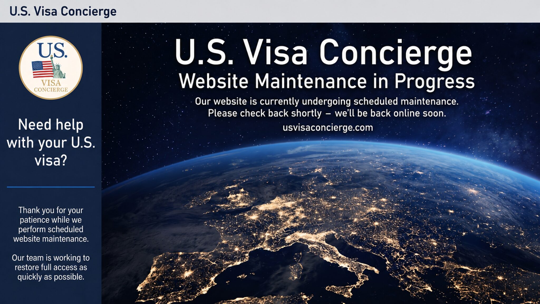 US Visa Concierge — website maintenance in progress. We will be back online soon. usvisaconcierge.com